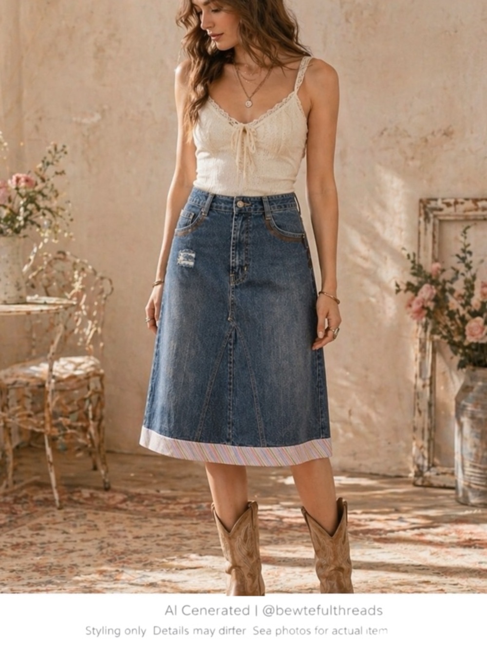 Y2K Reworked Denim Midi Skirt Blue A-Line Indie Sleaze